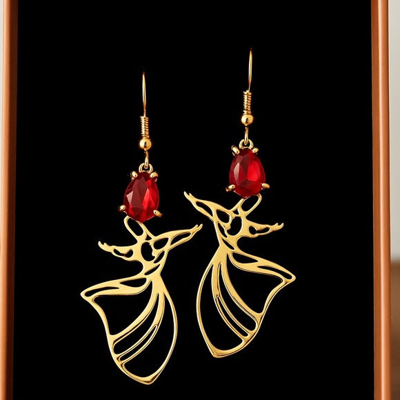 Whirling Dervish Brass Jewelry Set with Red Gemstone – Necklace and Earrings - Picture 6 of 6